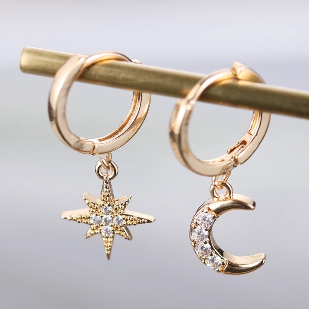 "Wish Upon A Star” Moon Space Hoop Diamond Earring - Picture 1 of 10